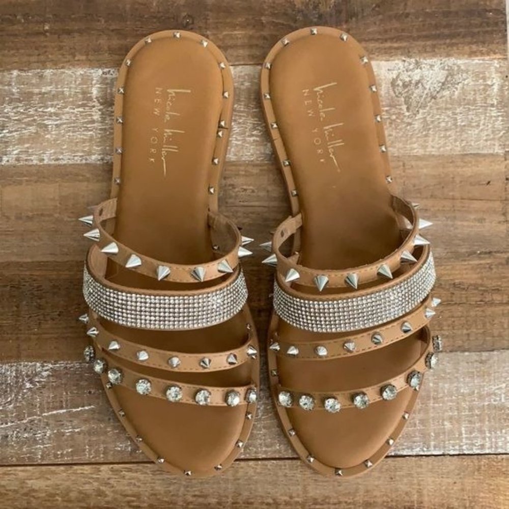 NWOB Nicole Miller Romine Studded Vegan Leather Strappy Slip-on Sandal - Picture 2 of 6